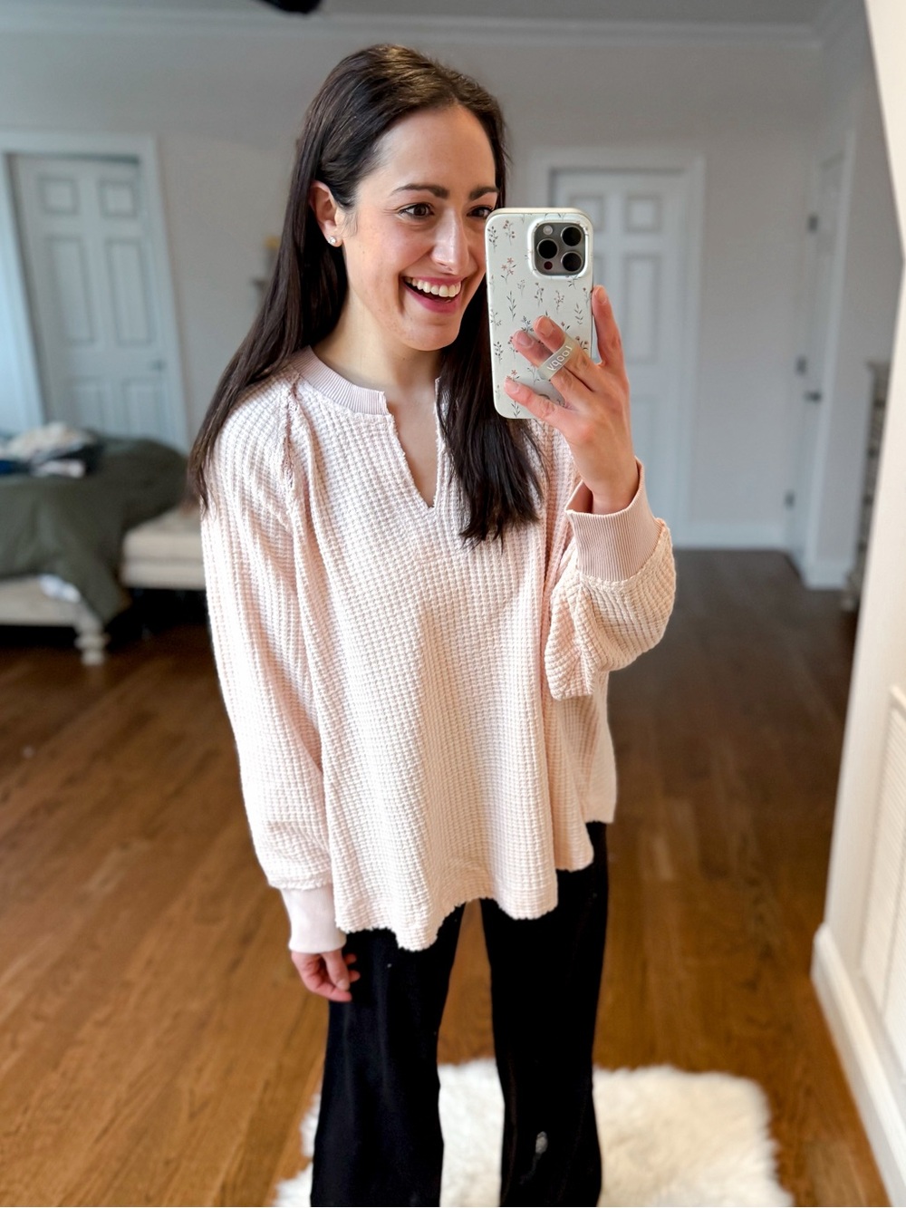 American Eagle Outfitters Light Pink Waffle-Knit Split V Pullover